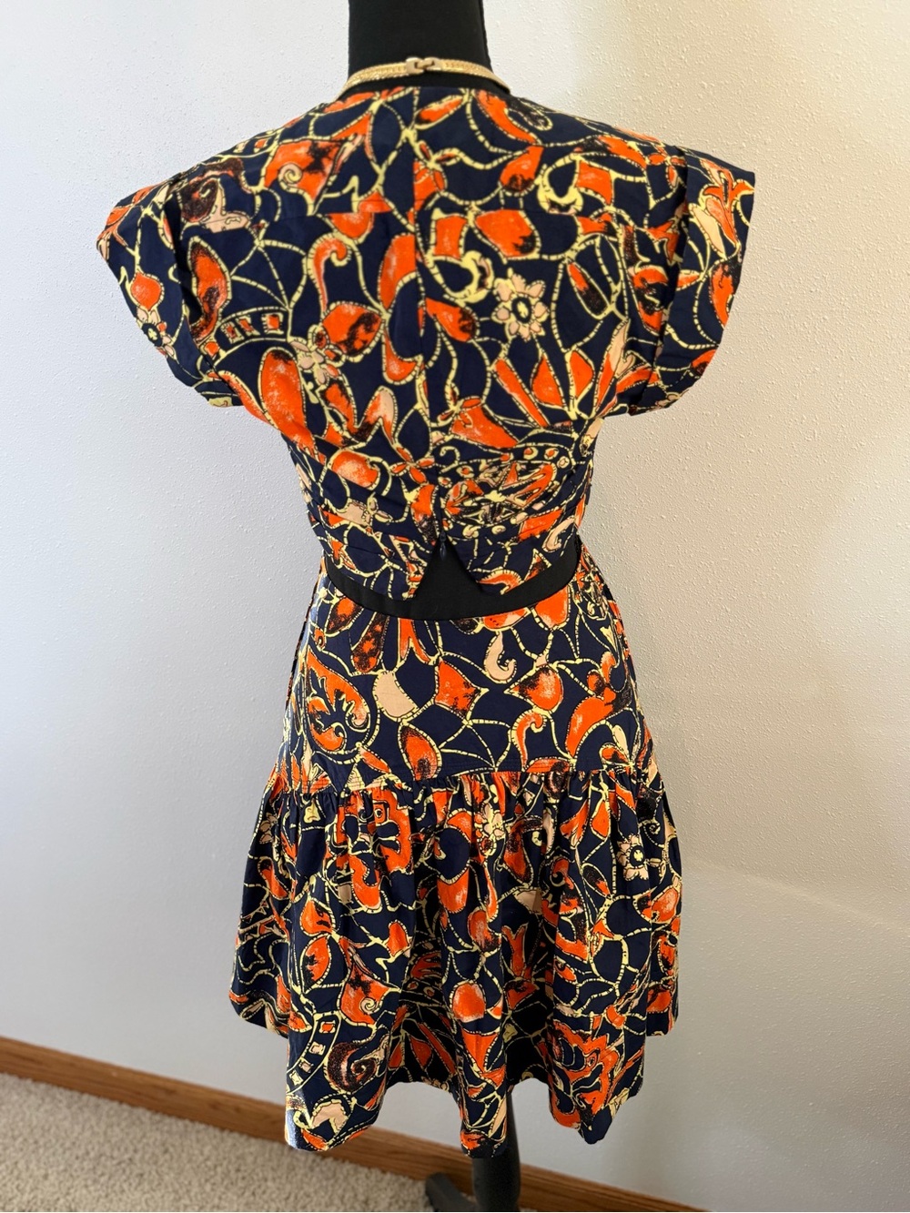 A.L.C. Printed Cotton Dress Size 2 Navy Orange Boho Tie Front Mini - Picture 5 of 11